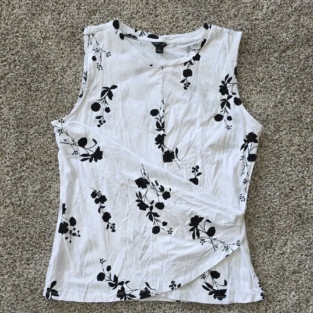 Ann Taylor White Tank with Black Floral Motif